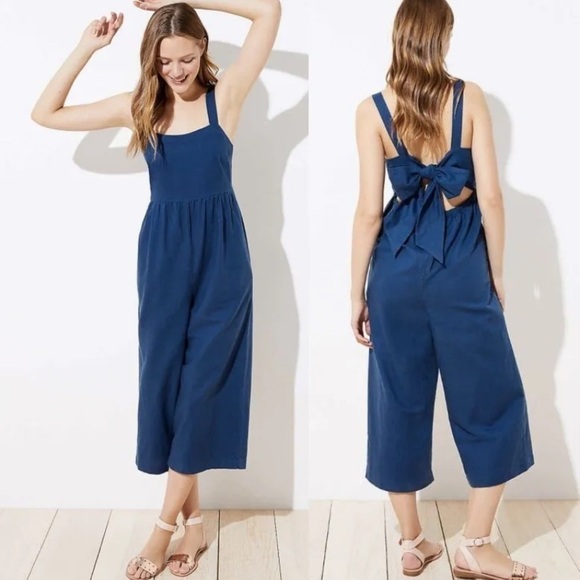 NWOTs LOFT Beach | Blue Linen Blend Tie Back Cropped Jumpsuit Size XS - Picture 1 of 8